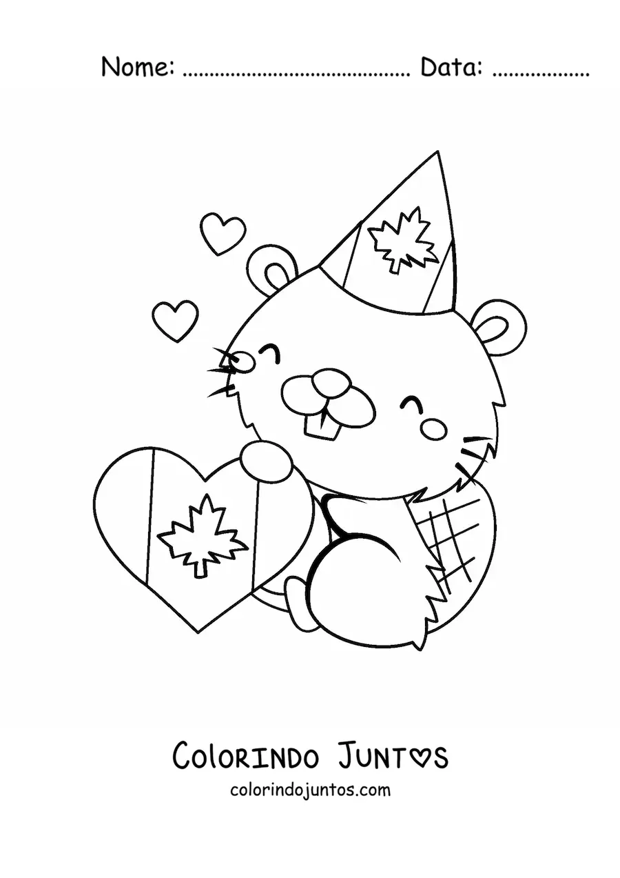 Desenho para colorir de castor canadense animado kawaii com a bandeira do Canadá