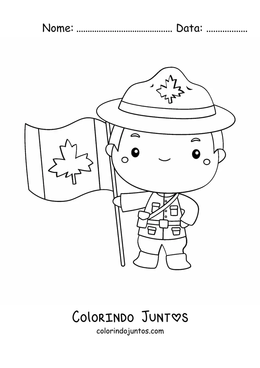 Desenho para colorir de menino policial do Canadá kawaii com a bandeira