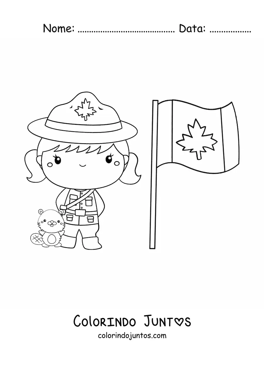 Desenho para colorir de menina policial do Canadá kawaii com a bandeira e um castor animado