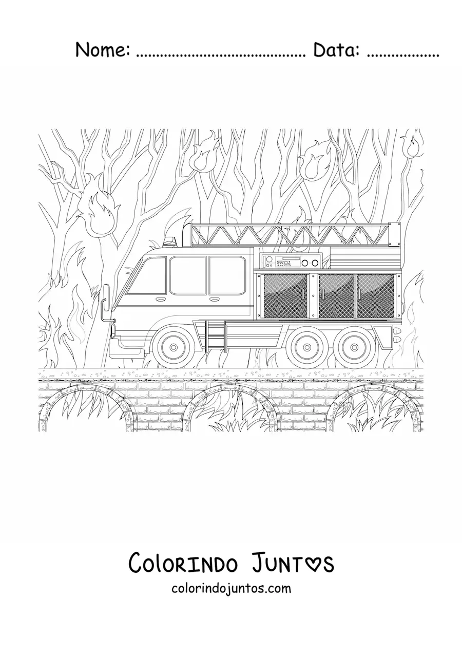Desenho para colorir de um caminhao de bombeiros em um incendio florestal