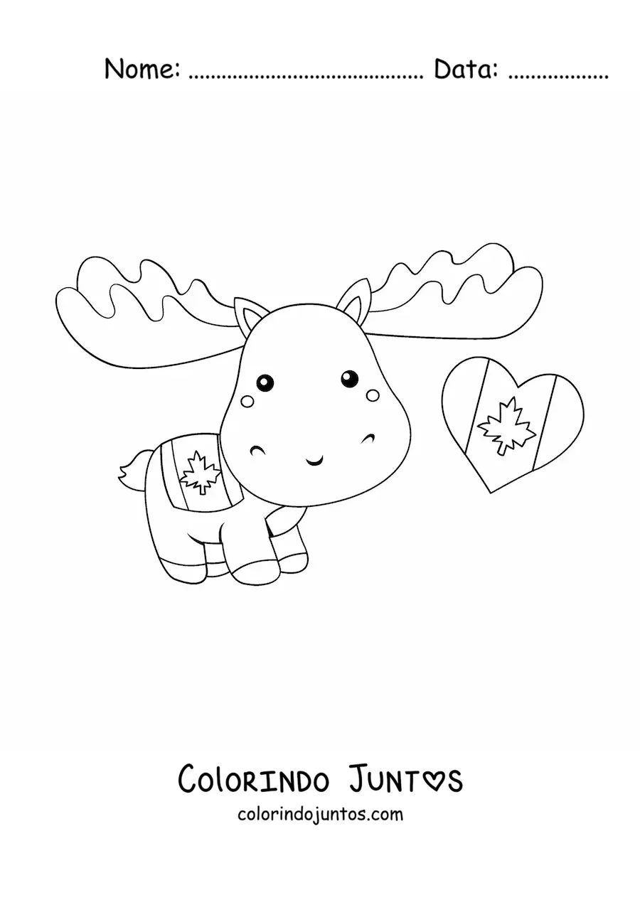 Desenho para colorir de alce canadense animado kawaii com a bandeira do Canadá