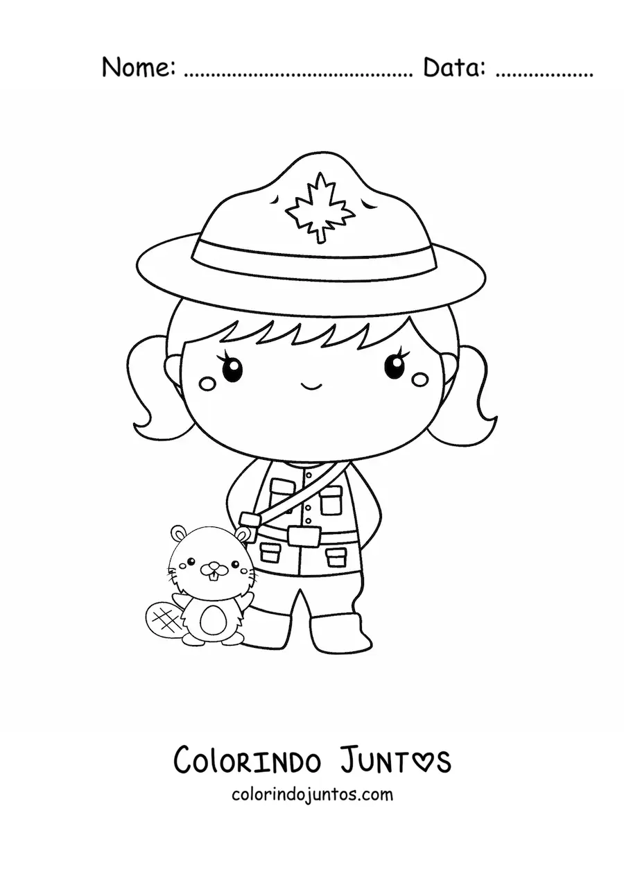 Desenho para colorir de menina policial do Canadá kawaii animada
