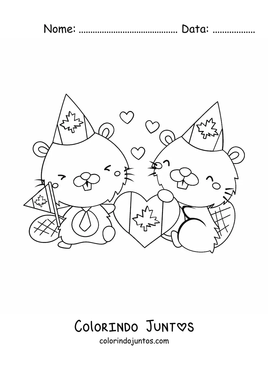 Desenho para colorir de castores do Canadá animados com a bandeira e corações