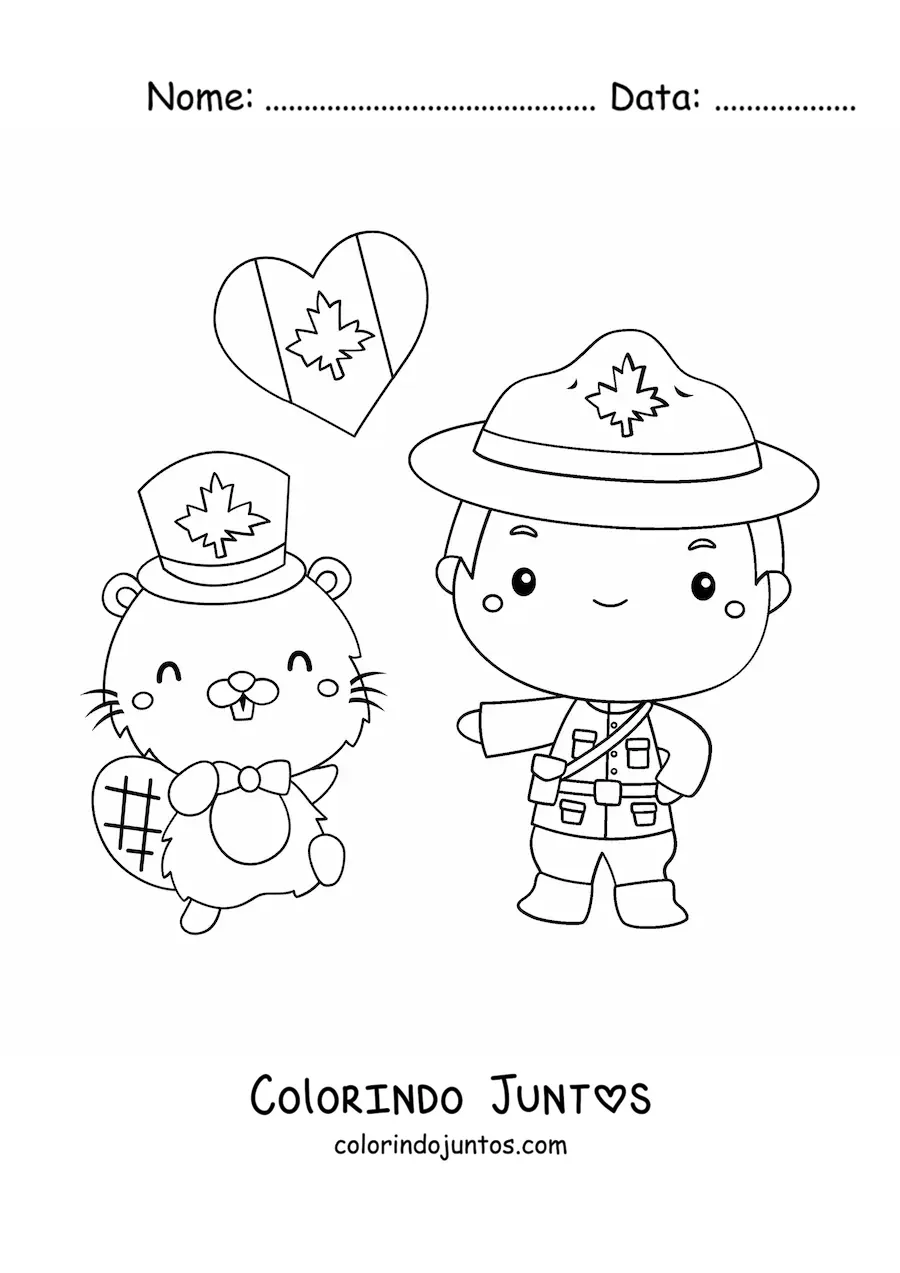 Desenho para colorir de policial do Canadá animado com a bandeira e um castor