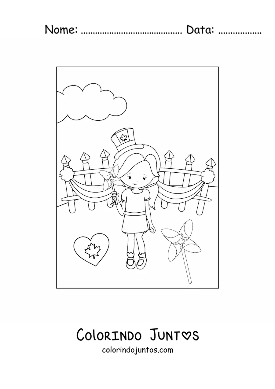 Desenho para colorir de menina comemorando o dia do Canadá