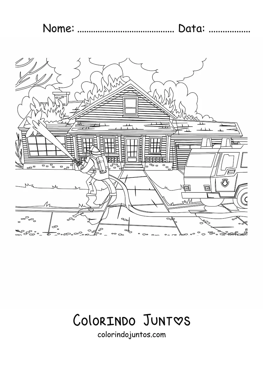 Desenho para colorir de um bombeiro apagando um incendio