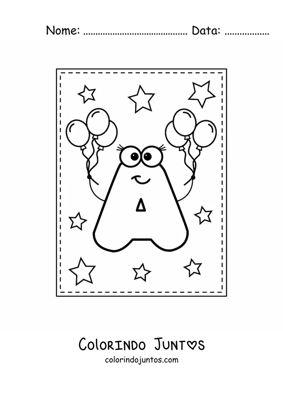 Desenho para colorir da letra A maiúscula animada com balões