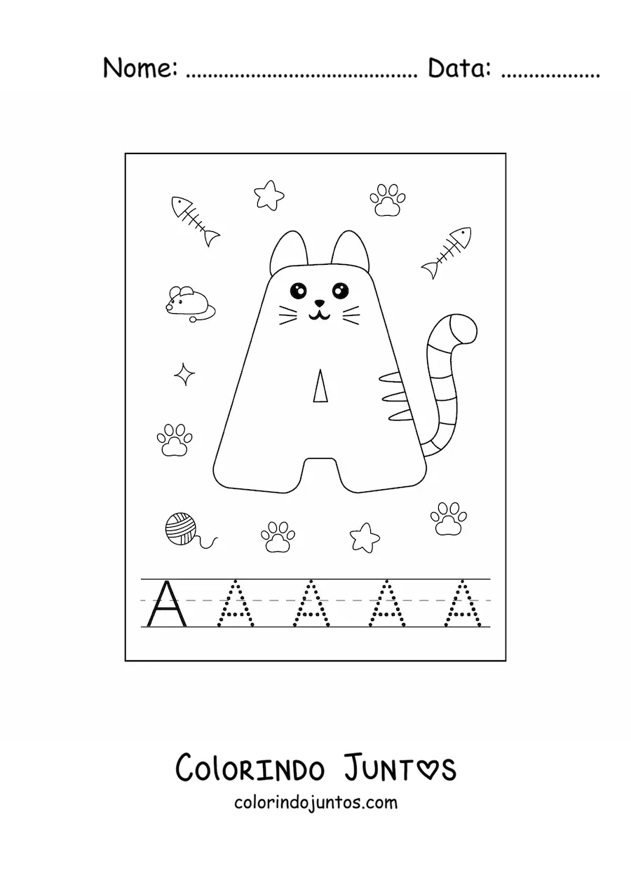 Desenho para colorir da letra A animada em forma de gato
