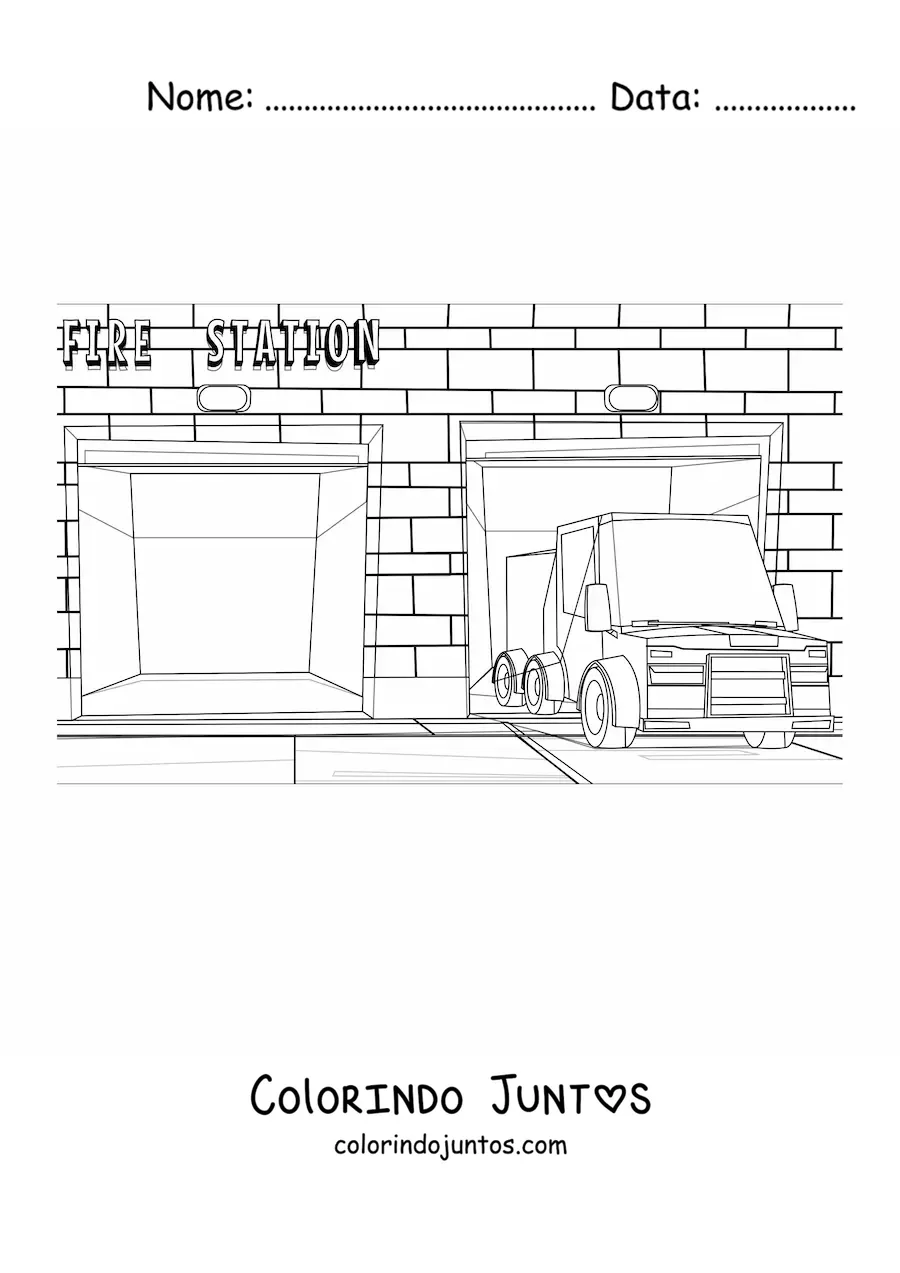 Desenho para colorir de um caminhao de bombeiros no quartel
