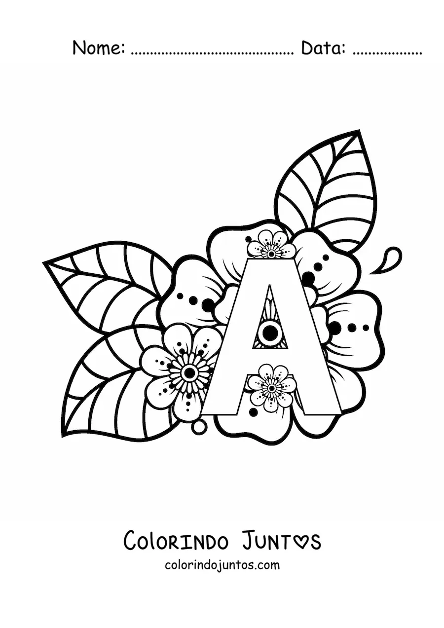 Desenho para colorir de letra A decorada com flores