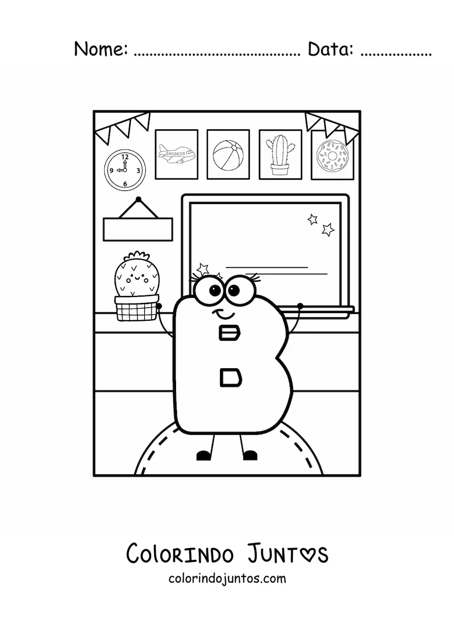 Desenho para colorir da letra B animada na escola