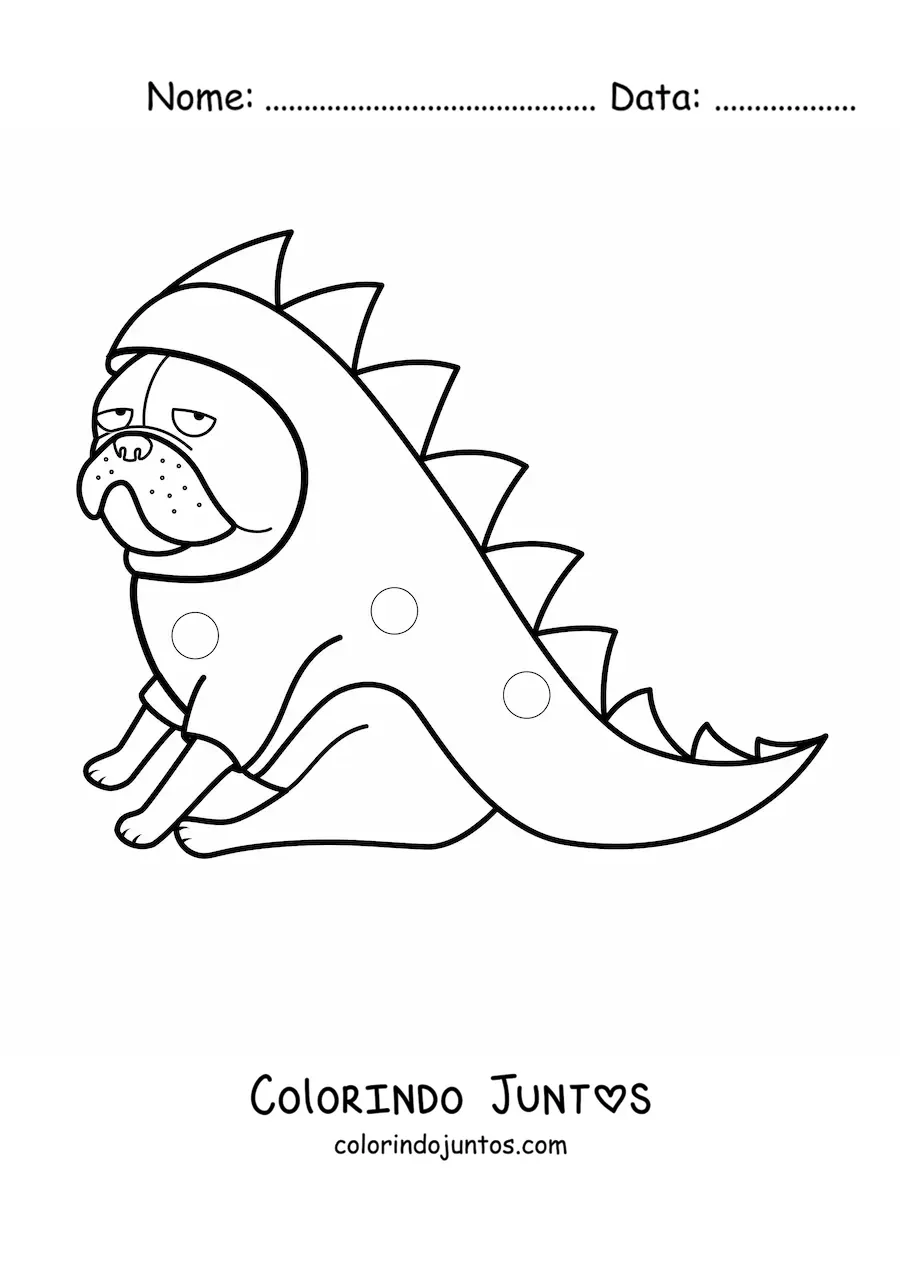 Desenho para colorir de um pug fantasiado de crocodilo sentado