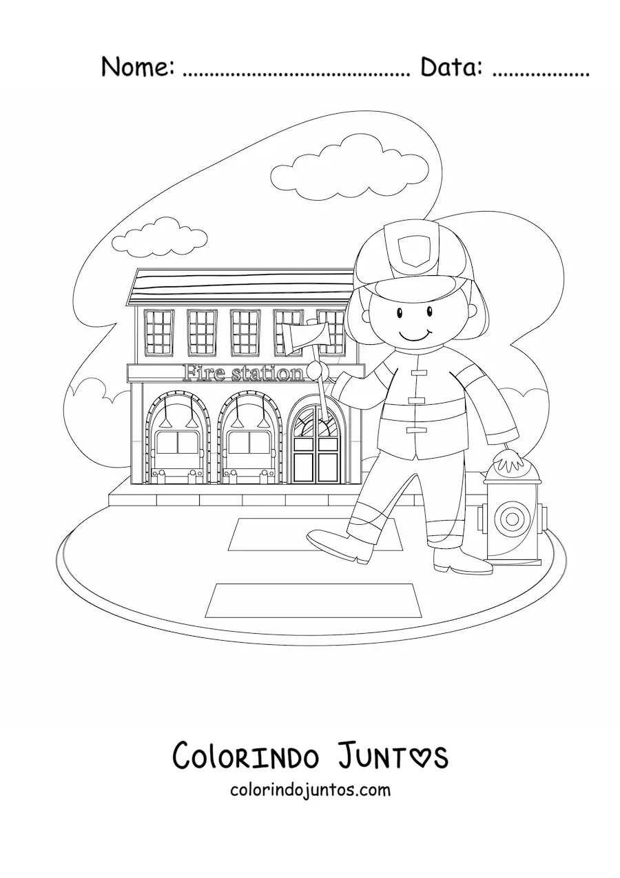 Desenho para colorir de um bombeiro animado no quartel