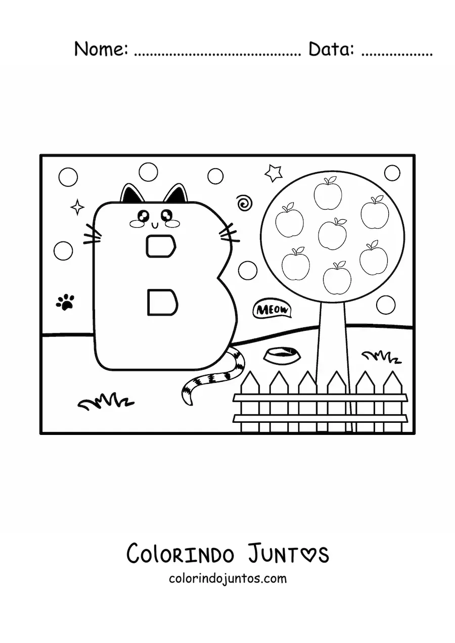 Desenho para colorir da letra B animada em forma de gato no parque