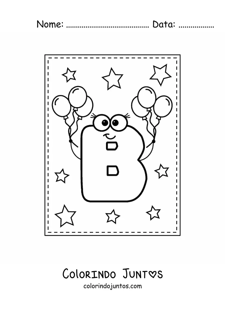 Desenho para colorir da letra B maiúscula animada com balões