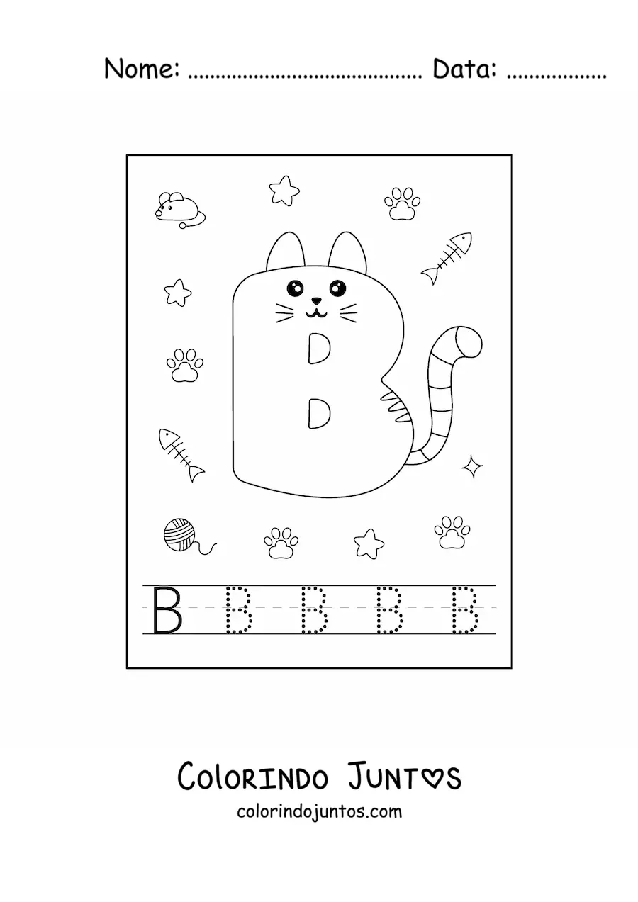 Desenho para colorir da letra B animada em forma de gato