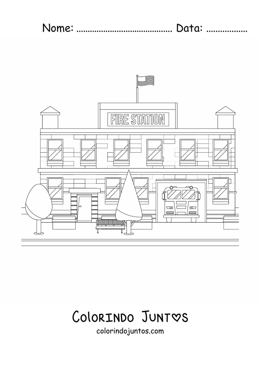 Desenho para colorir de um caminhao de bombeiros estacionado no quartel