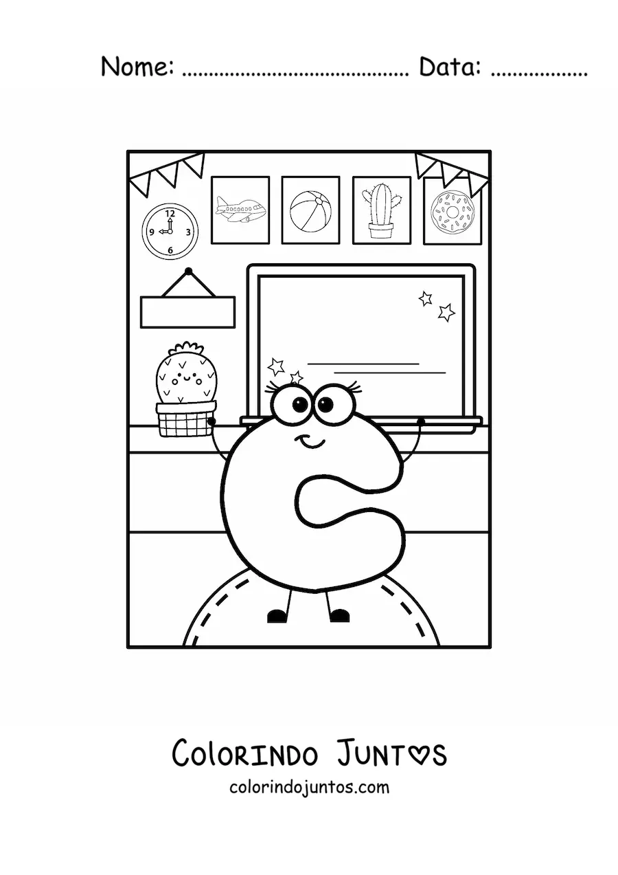 Desenho para colorir da letra C animada na escola