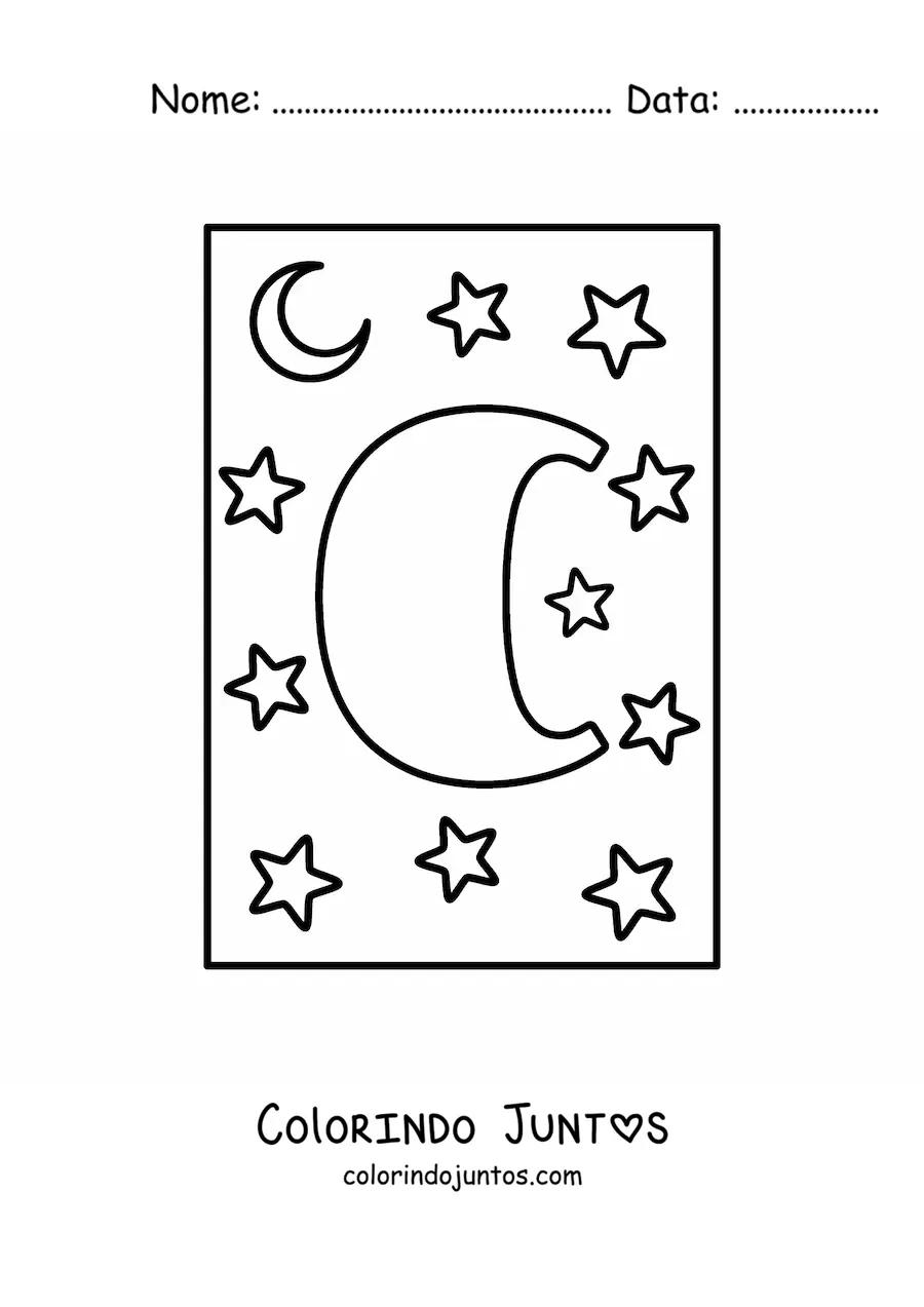 Desenho para colorir de letra C maiúscula com estrelas e uma lua