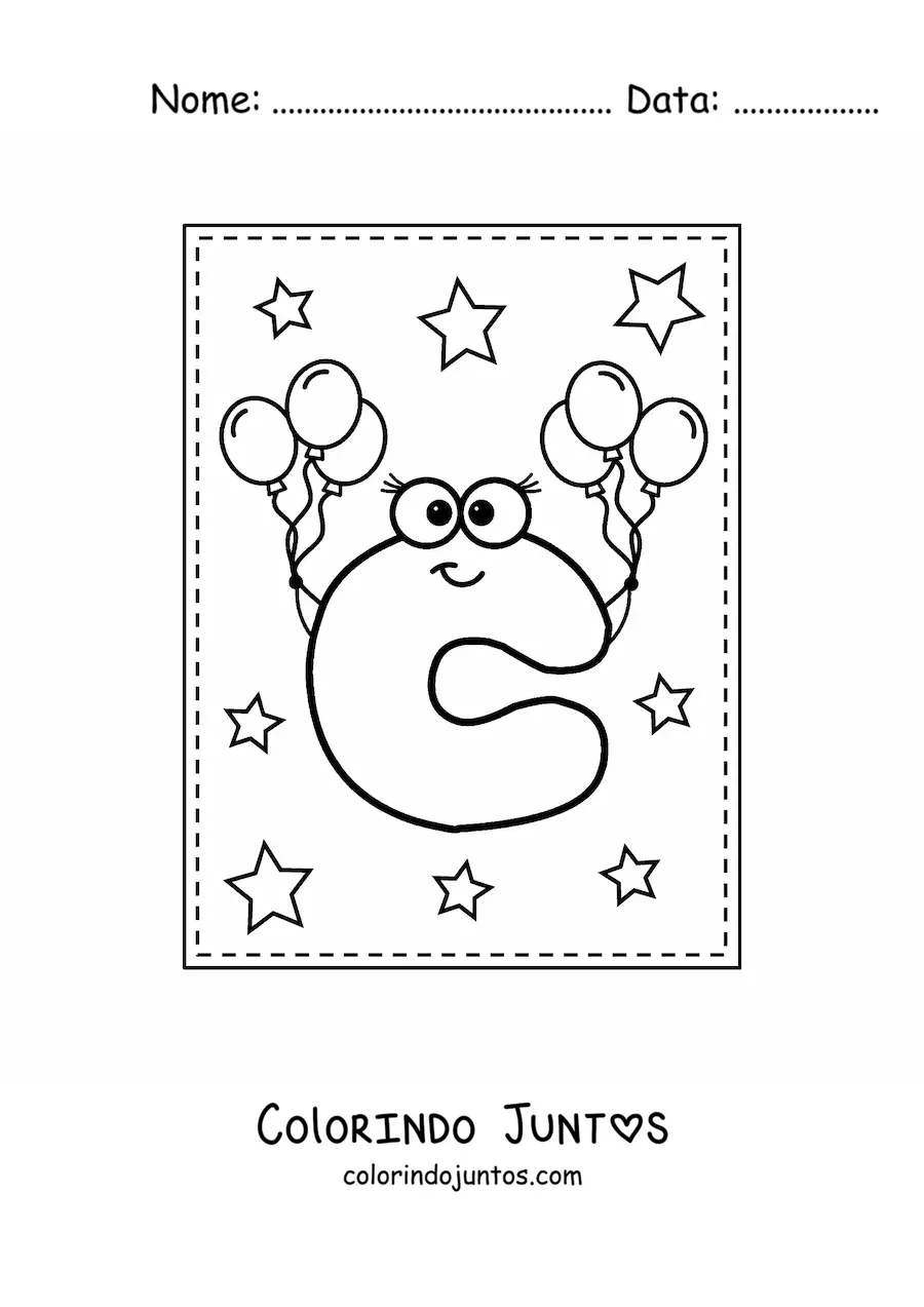 Desenho para colorir da letra C maiúscula animada com balões