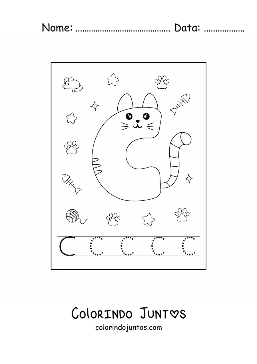 Desenho para colorir da letra C animada em forma de gato