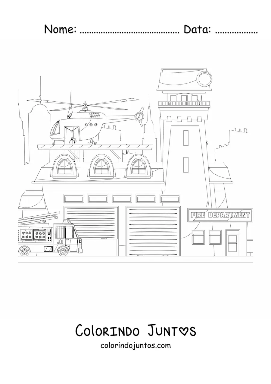 Desenho para colorir de veiculos de resgate no quartel de bombeiros