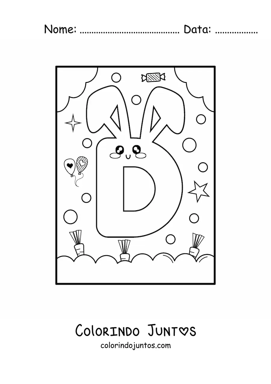 Desenho para colorir de letra D em forma de coelho kawaii animado
