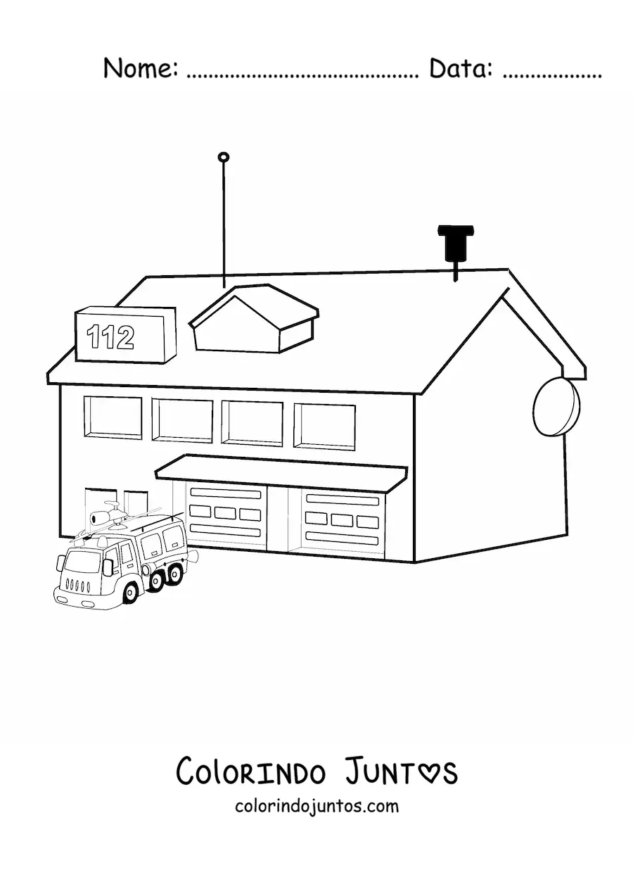 Desenho para colorir de um caminhao de bombeiros saindo do quartel
