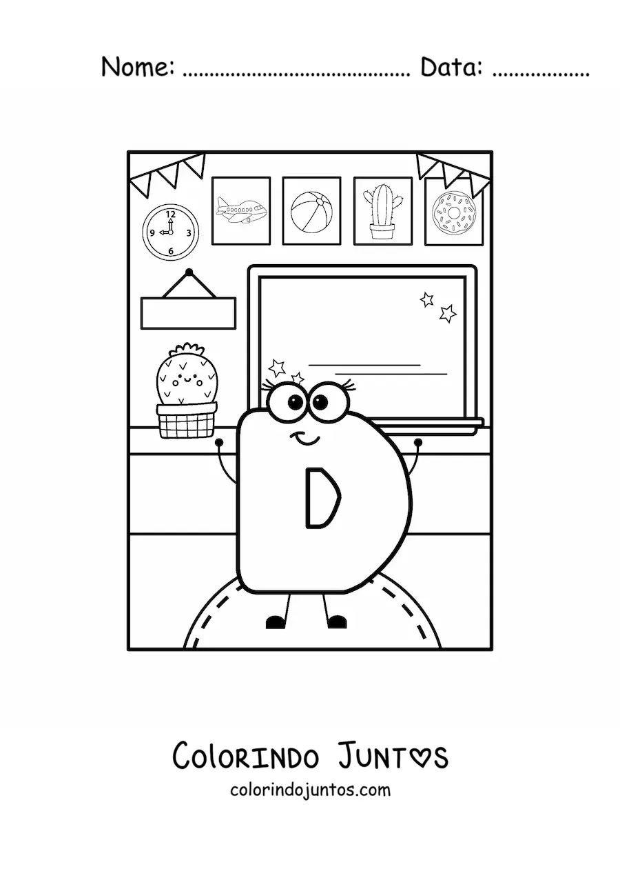 Desenho para colorir da letra D animada na escola