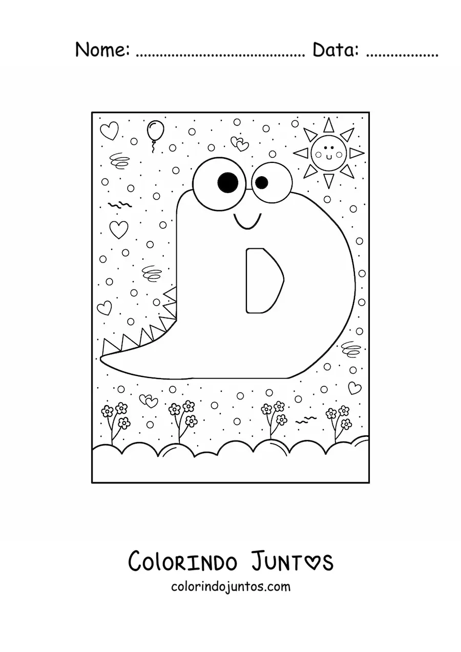 Desenho para colorir da letra D animada em forma de monstro em desenho animado