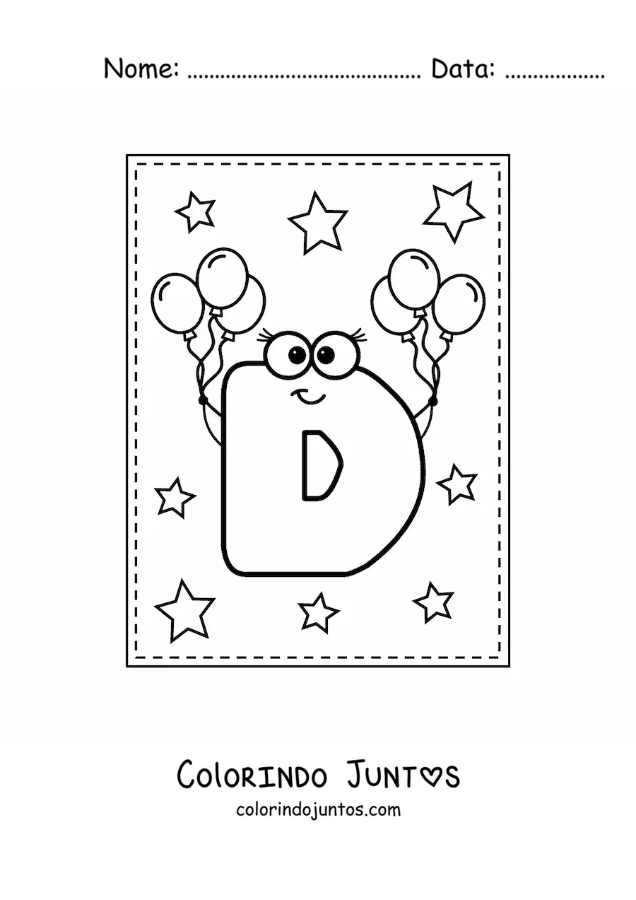 Desenho para colorir da letra D maiúscula animada com balões