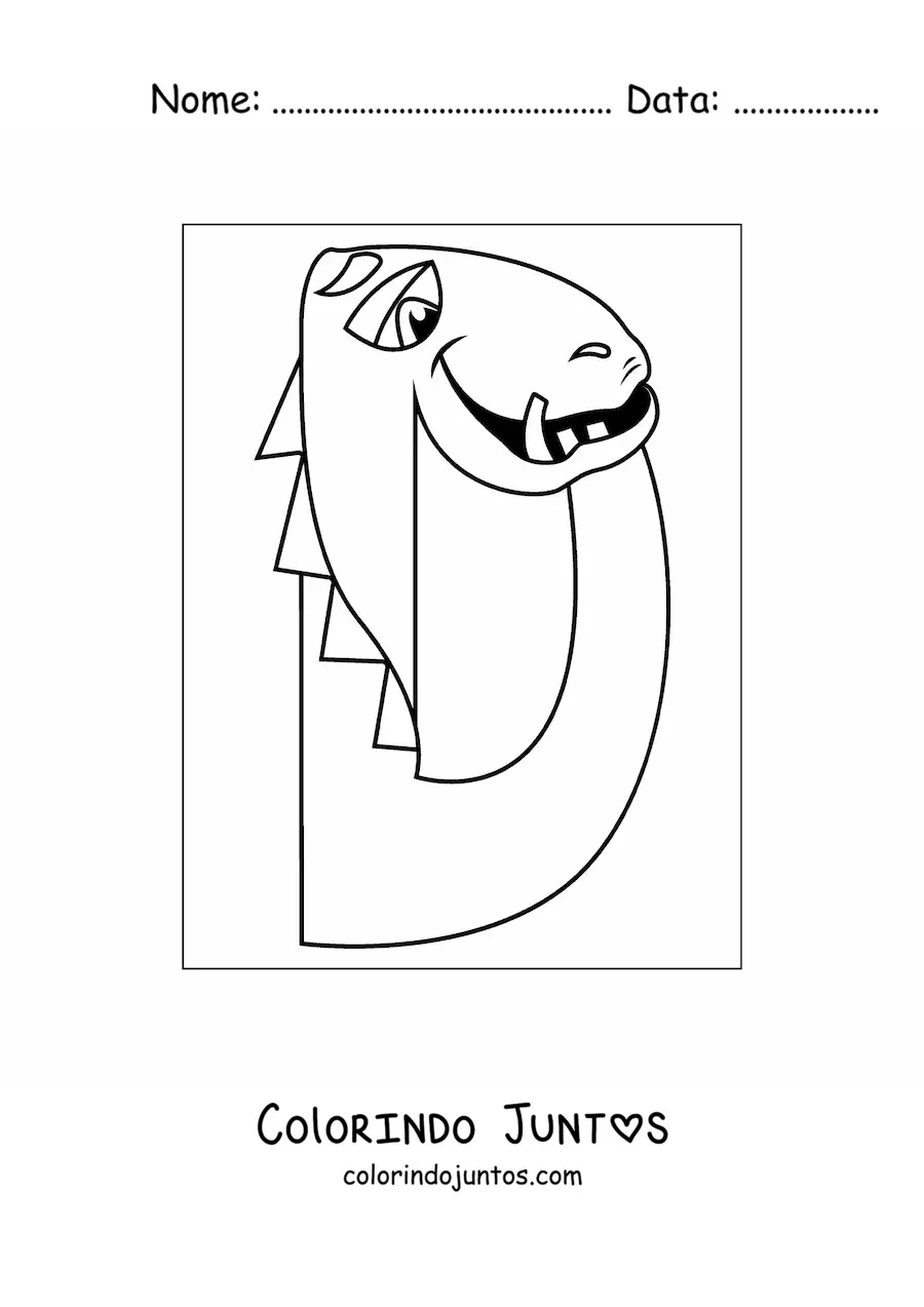 Desenho para colorir da letra D animada em forma de dinossauro