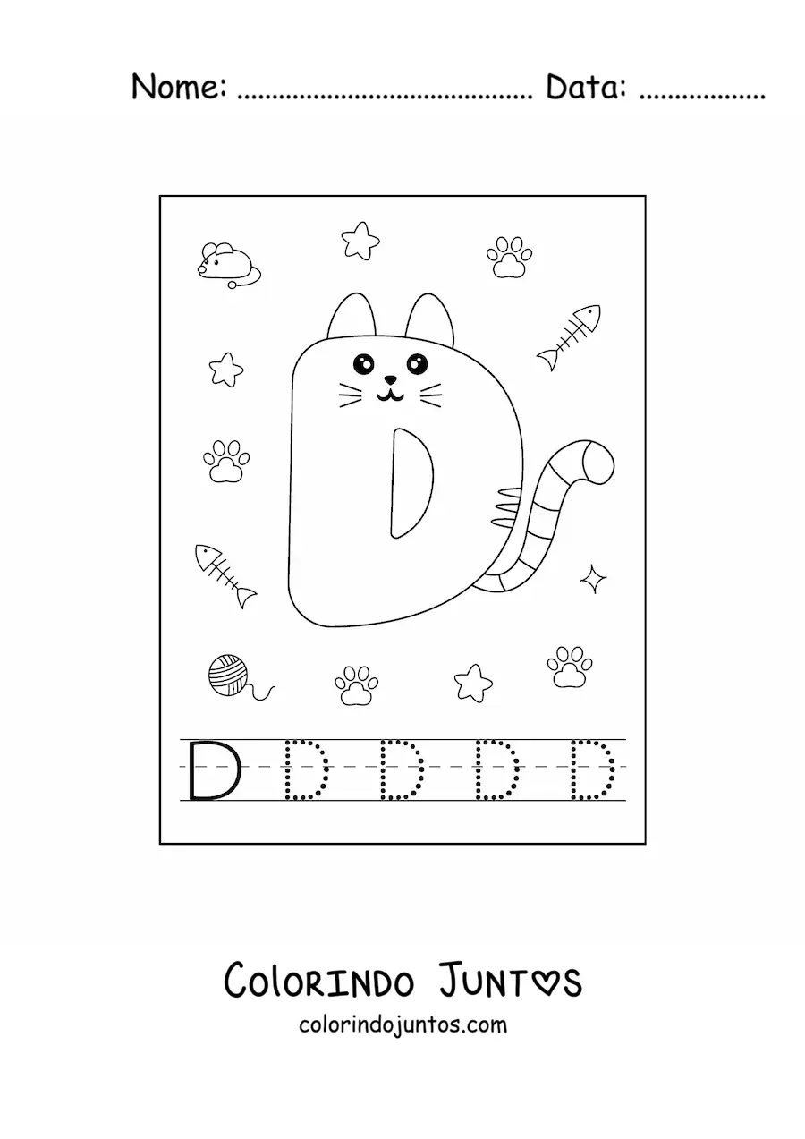 Desenho para colorir da letra D animada em forma de gato