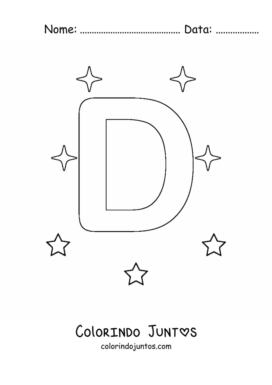 Desenho para colorir de letra D maiúscula com estrelas