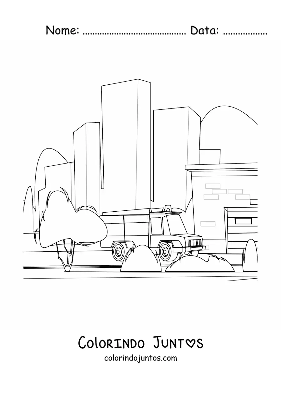 Desenho para colorir de um caminhao de bombeiros na cidade
