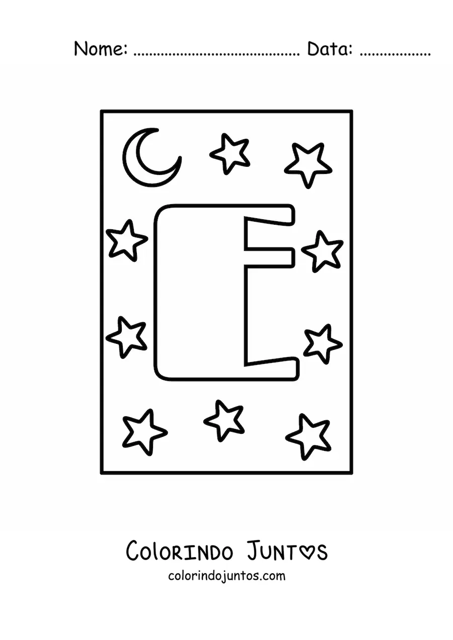Desenho para colorir de letra E maiúscula com estrelas e uma lua