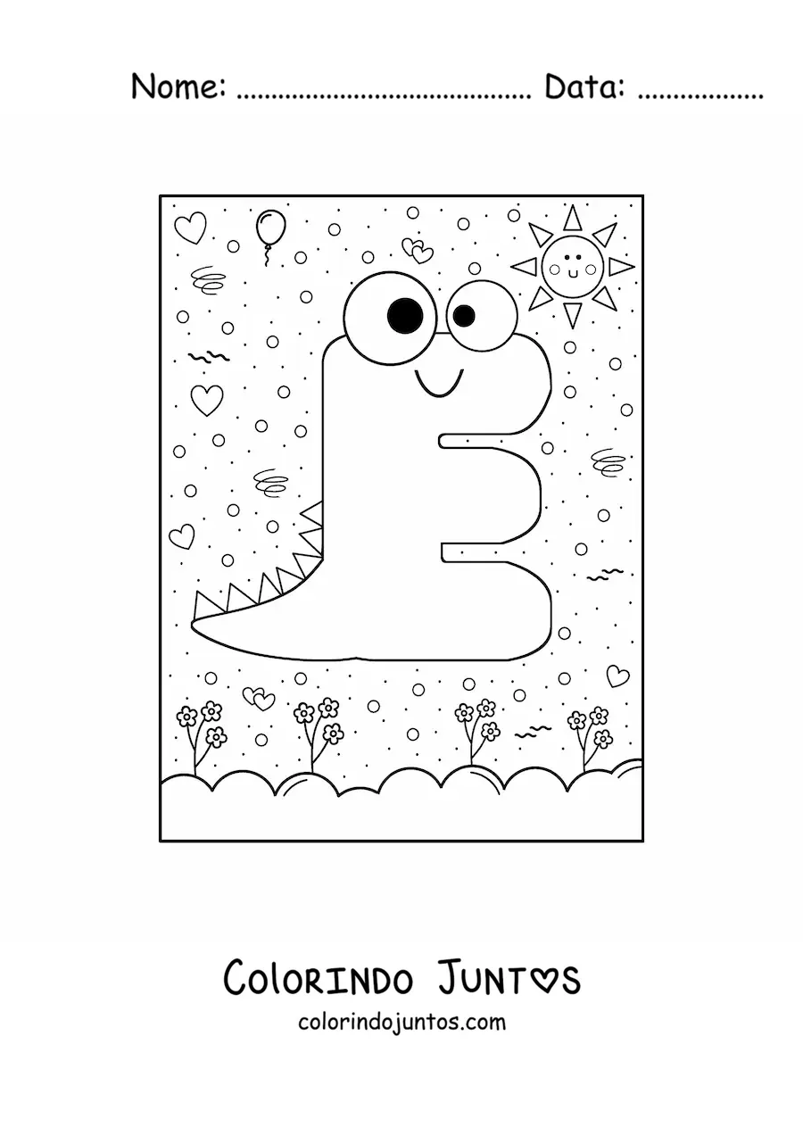 Desenho para colorir da letra E animada em forma de monstro em desenho animado
