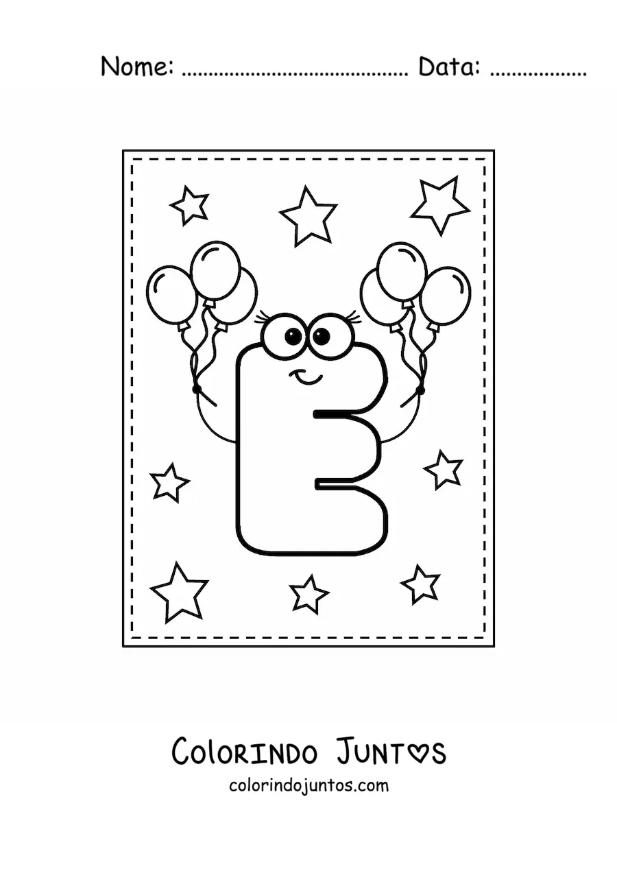 Desenho para colorir da letra E maiúscula animada com balões