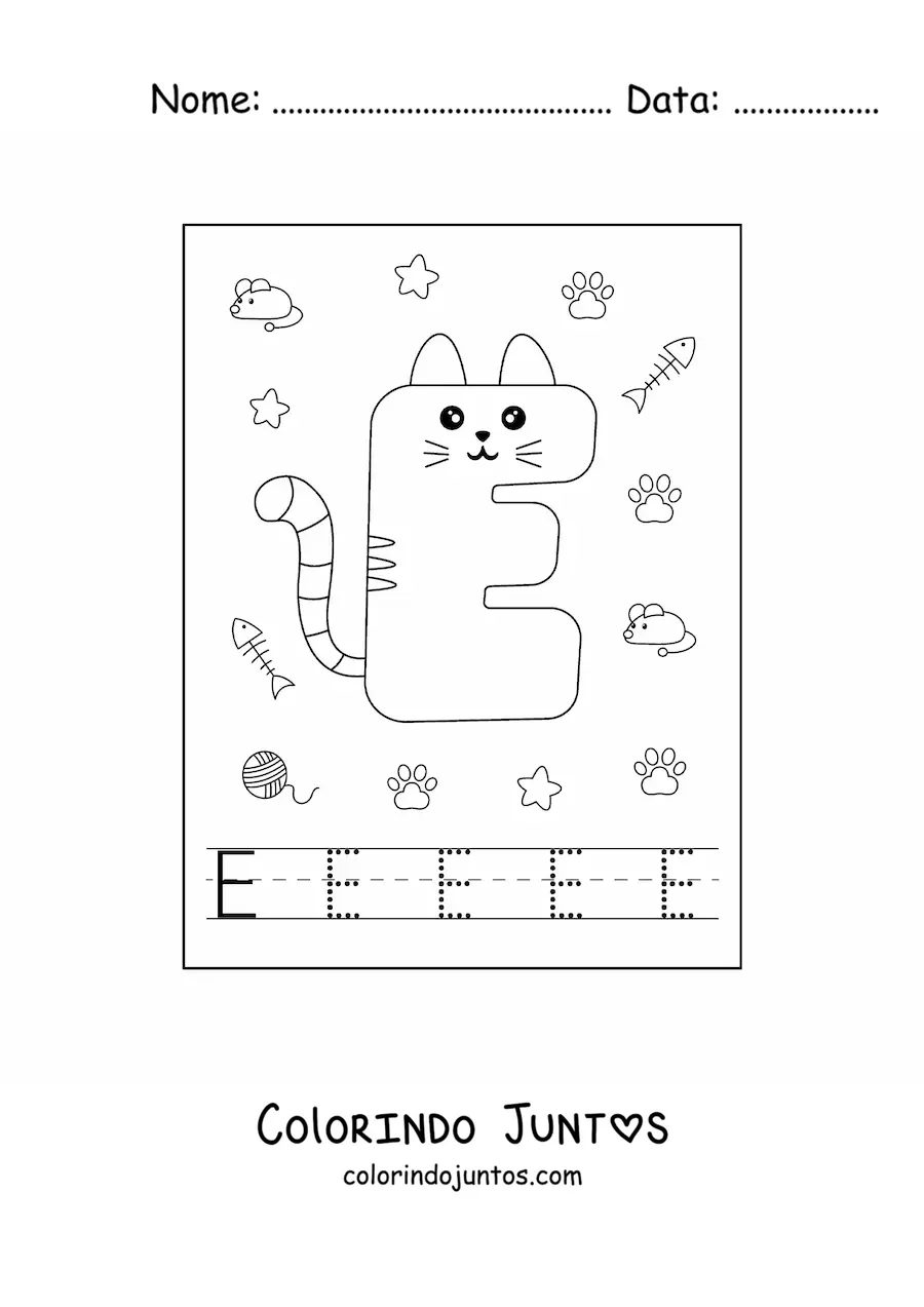 Desenho para colorir da letra E animada em forma de gato