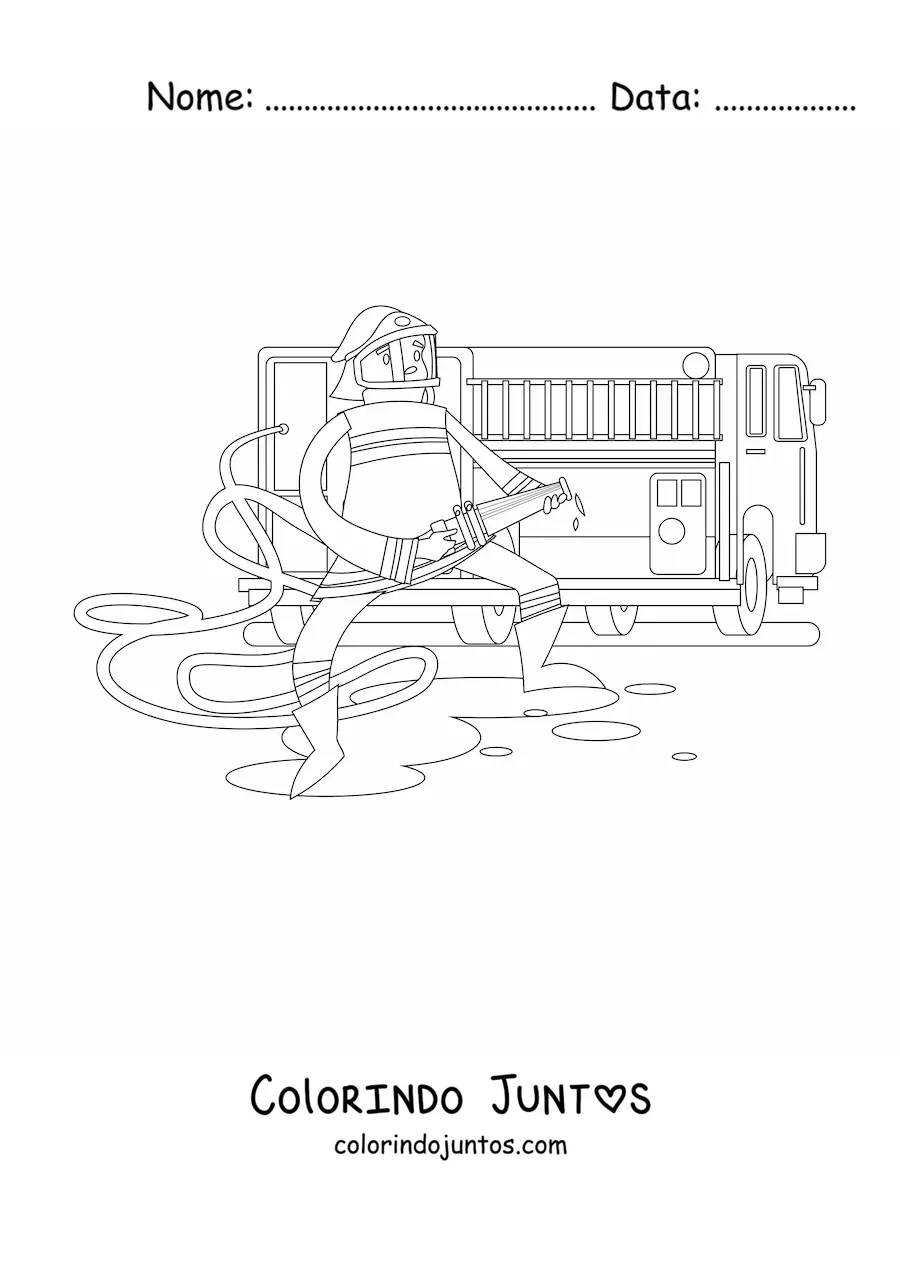 Desenho para colorir de um bombeiro animado segurando uma mangueira