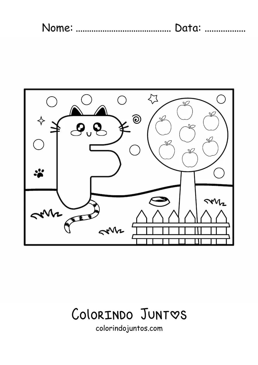 Desenho para colorir da letra F animada em forma de gato no parque