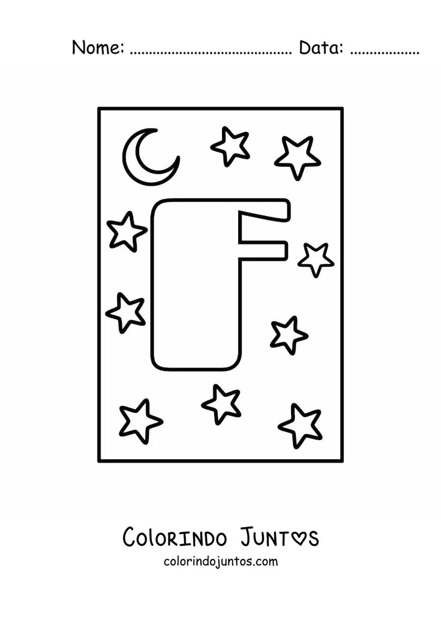 Desenho para colorir de letra F maiúscula com estrelas e uma lua