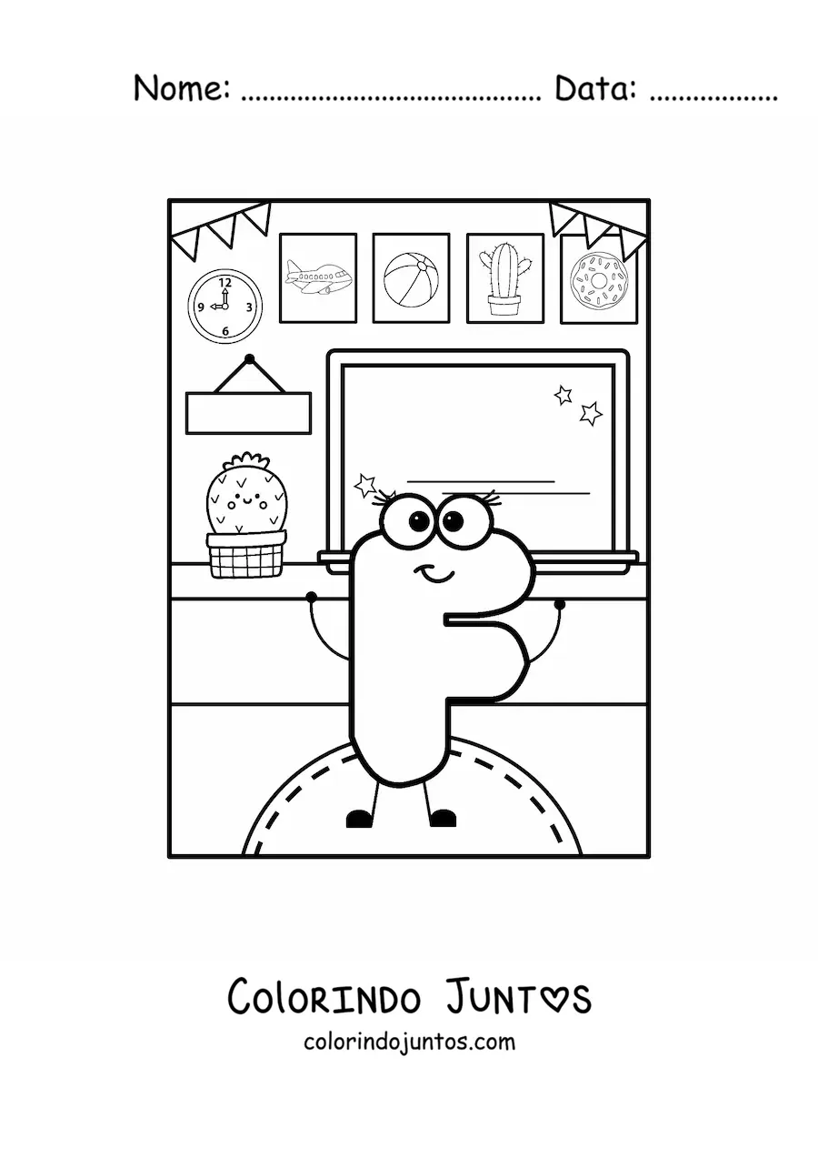 Desenho para colorir da letra F animada na escola