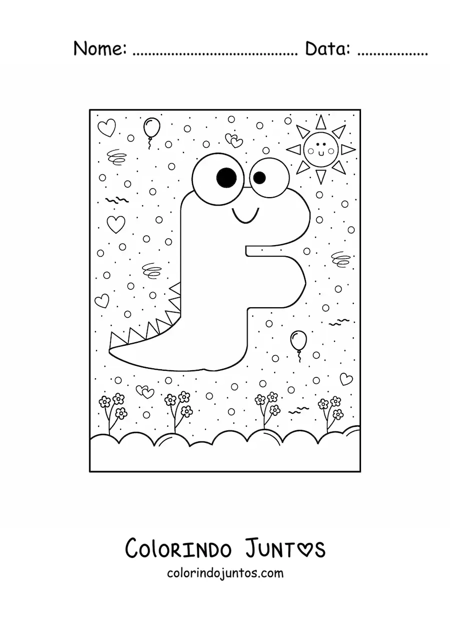 Desenho para colorir da letra F animada em forma de dinossauro de desenho animado