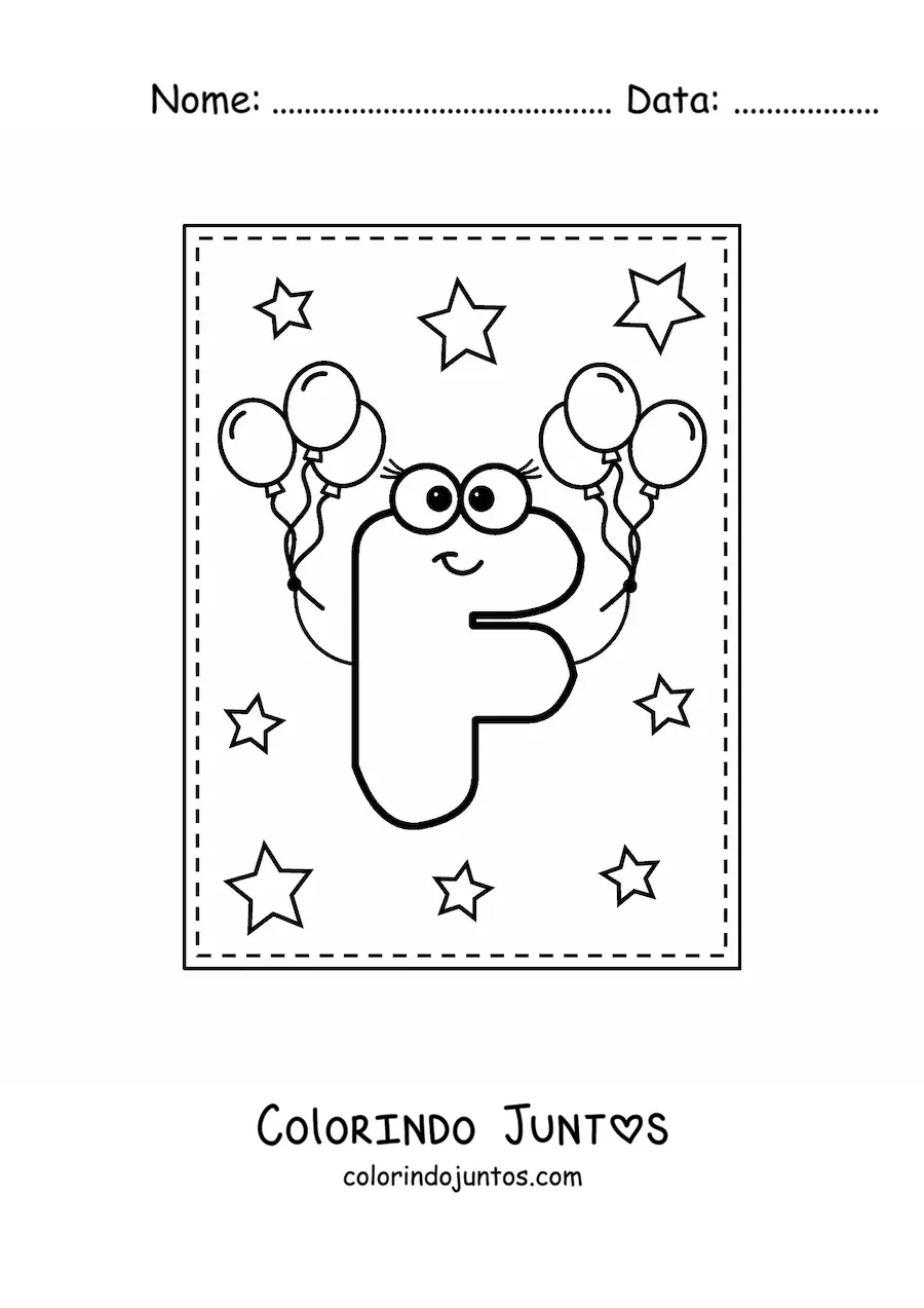 Desenho para colorir da letra F maiúscula animada com balões