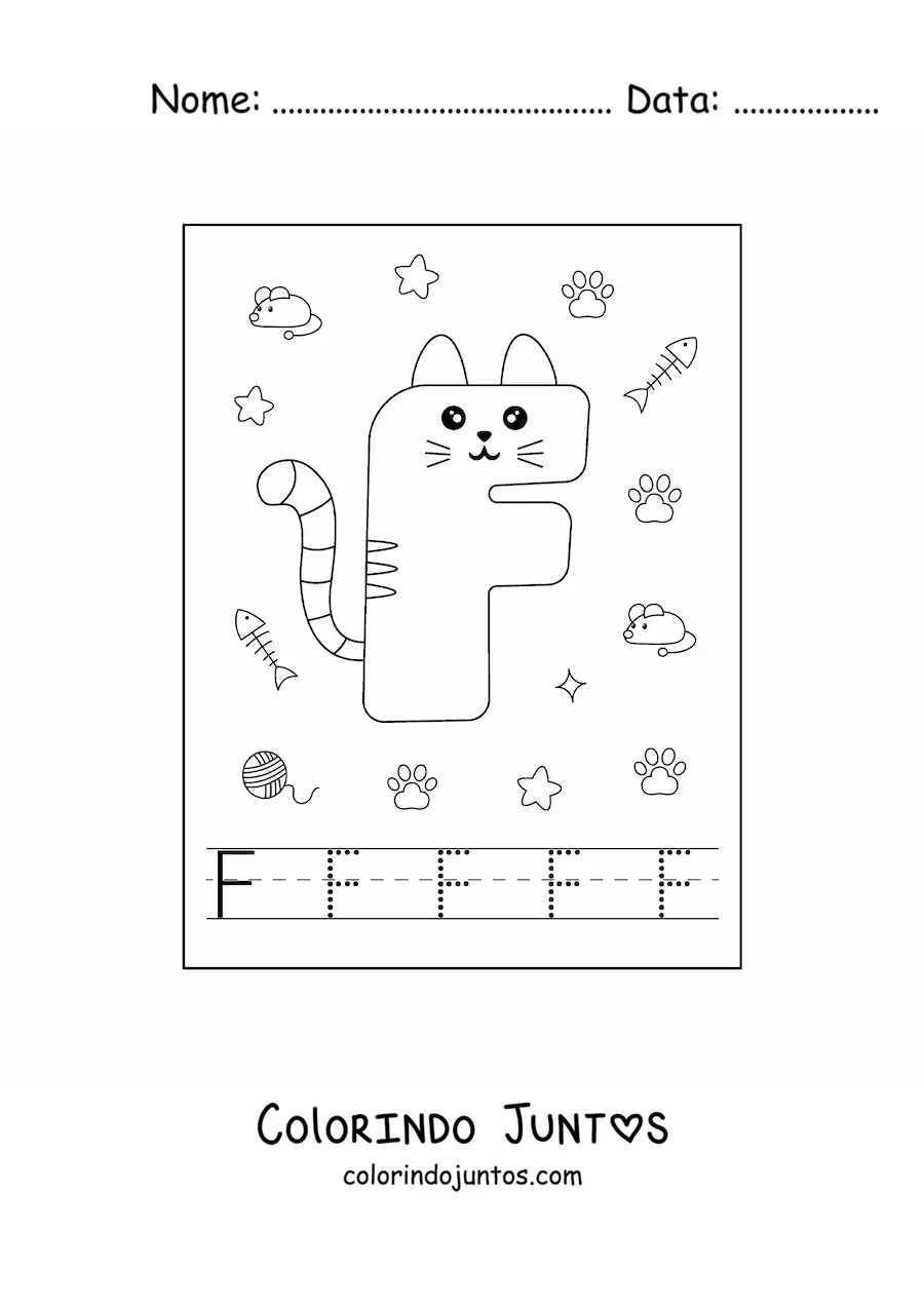 Desenho para colorir da letra F animada em forma de gato