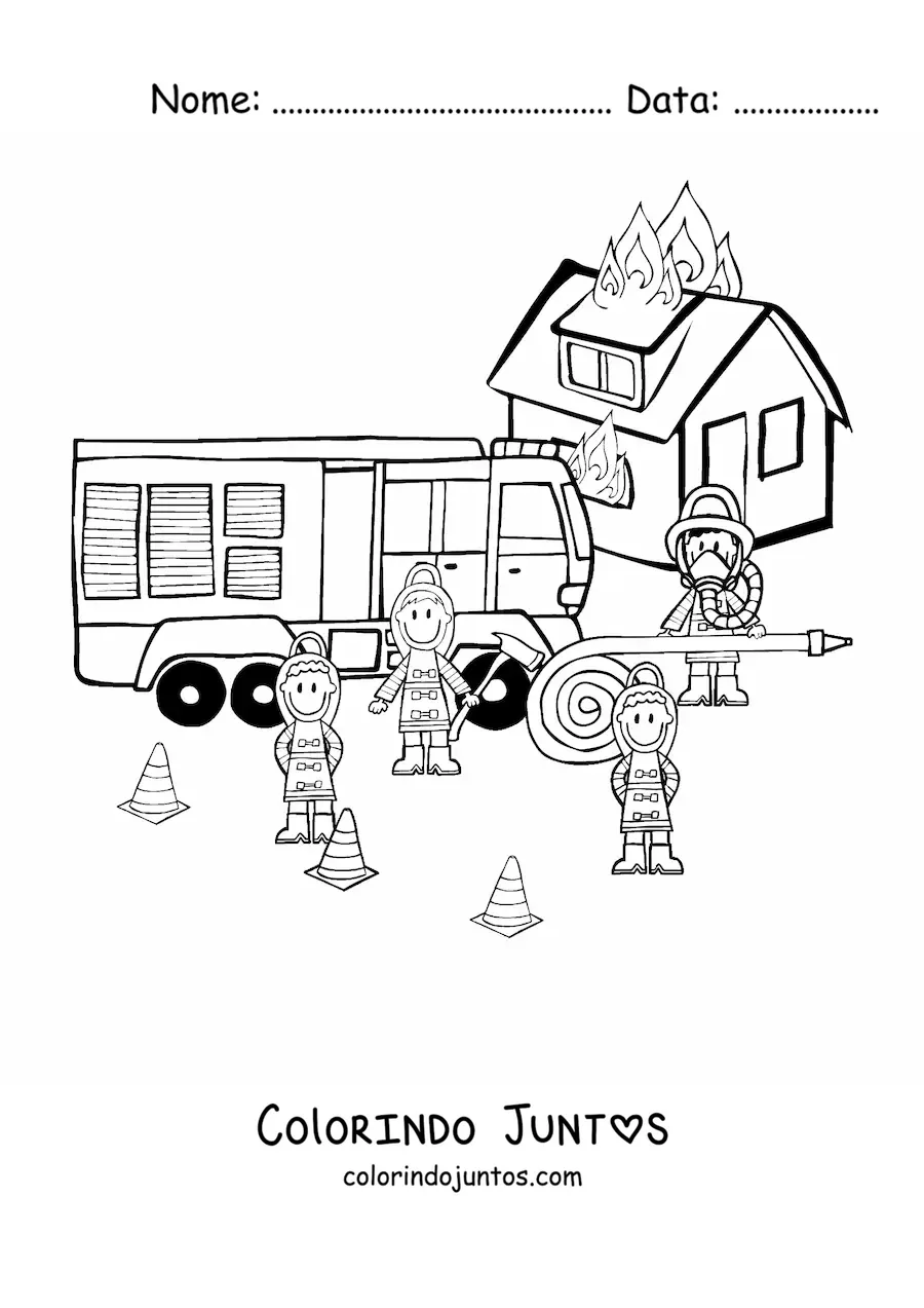 Desenho para colorir de varios bombeiros animados apagando um incendio