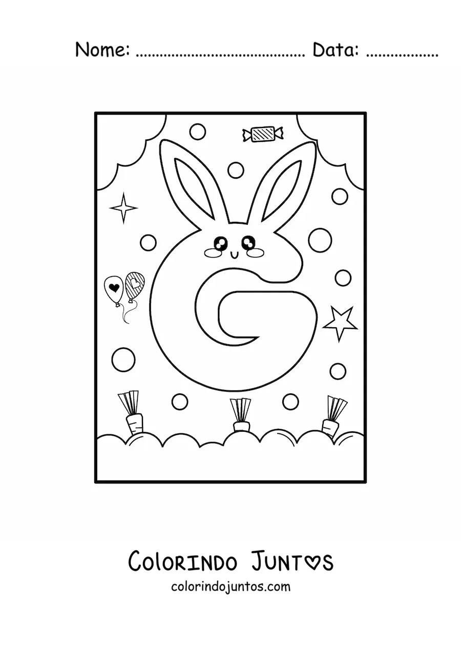Desenho para colorir de letra G em forma de coelho kawaii animado