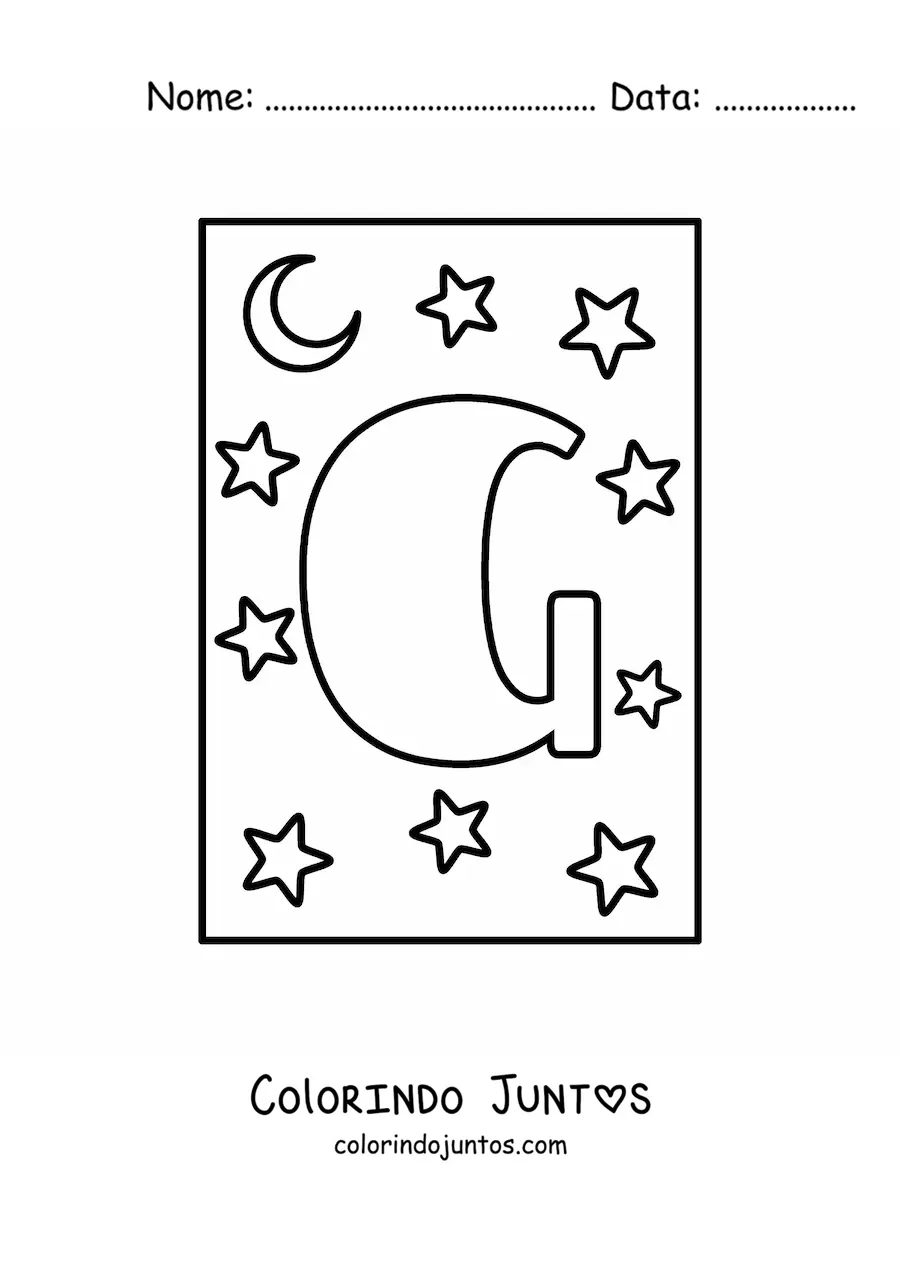 Desenho para colorir de letra G maiúscula com estrelas e uma lua