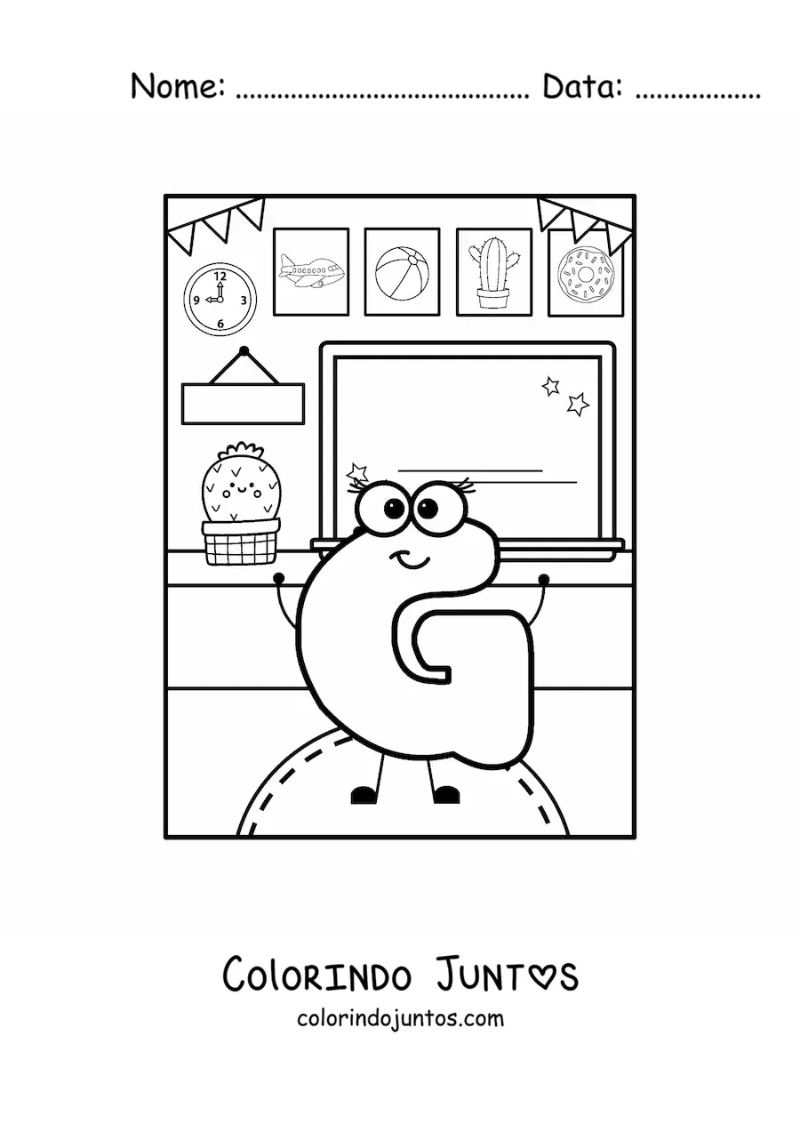 Desenho para colorir da letra G animada na escola
